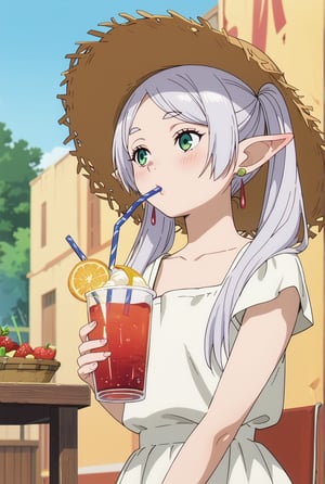 score_9, score_8_up, score_7_up, 1girl, FrierenSSnF, ((masterpiece, best quality)), (hyper detailed, detailed background), 1girl, solo, grey hair, long hair, green eyes, twintails, parted bangs, earrings, pointy ears, sundress, outdoor, straw hat, drinking, (strawberry:0.5), drinking straw, blush,anime screencap,score_anime