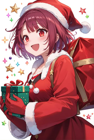 score_9, 1girl, sophieatelier, ((masterpiece, best quality)), (hyper detailed, detailed background), expressive eyes, perfect face, red santa outfit, holding red santa gift bag, simple background, white background, colorful light effects, glowing stars, festive atmosphere, magical sparkles, happy expression, short hair, blush, view from down, upper body