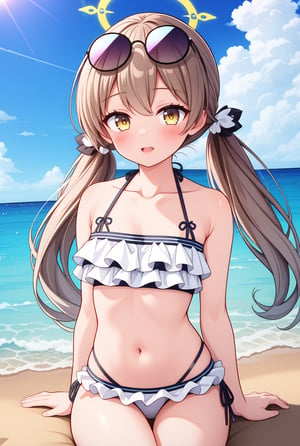 Hifumi(Swimsuit), sky, beach, swimsuit, looking at viewer, frilled bikini, day, bikini, cloud, outdoors, blue sky, twintails, long hair, light brown hair, eyewear on head, collarbone, solo, cowboy shot, frills, arms behind back, low twintails, ocean, sunglasses, white bikini, navel, yellow eyes, 1girl, halo, sitting