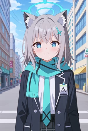 score_9, 1girl, solo, outdoors, shiroko-default, shiroko \(blue archive\), droopy eyes, blue eyes, grey hair, hairclip, animal ears, halo, scarf, jacket, white shirt, necktie, plaid skirt, cowboy shot, bright background,blush,happy,mouth_open