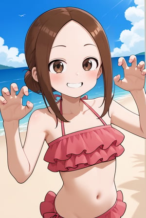 1girl,source_anime, aatakagi, solo, brown hair single hair bun, parted bangs, frilled bikini, pink bikini, hands up, claw pose, smile, beach, sky, collarbone