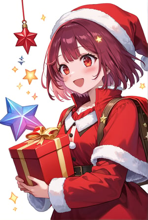 score_9, 1girl, sophieatelier, ((masterpiece, best quality)), (hyper detailed, detailed background), expressive eyes, perfect face, red santa outfit, holding red santa gift bag, simple background, white background, colorful light effects, glowing stars, festive atmosphere, magical sparkles, happy expression, short hair, blush, view from down, upper body