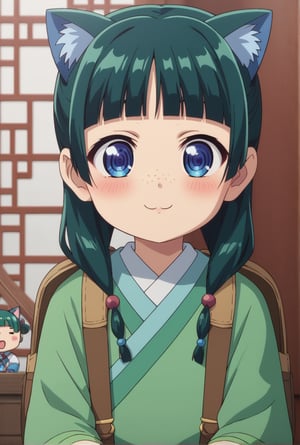 1girl, maomao, ((masterpiece, best quality)), (hyper detailed, detailed background), solo, green hair, long hair, blue eyes, BREAK :3, backpack, bag, blunt bangs, blush, cat ears, long sleeves, smile, chibi, freckles, light green hanfu, default clothes, chinese clothes, wide sleeves, default hairstyle, hair bun, hair ribbon, blue ribbon, sidelocks, hair beads, half updo, hair over shoulder, excited, low twintails, BREAK score_9, score_8_up, score_7_up, score_6_up, anime, BREAK (high quality, detailed, beautiful), shiny, detailed beautiful eyes, outstanding, countershading, detailed soft lighting