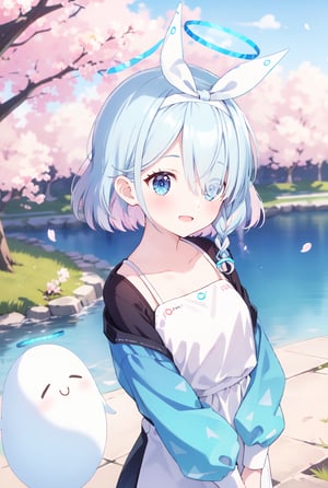 sfw, 1girl, Arona, (blue halo:1.2), blue eyes, blue hair, short hair, single braid, hair over one eye, flat chest, (white hairband:1.2), white hair bow, ghost white tunic, w arms, hillside covered in cherry blossom trees in bloom, midday lighting, idyllic and picturesque scenery, smile