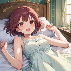 score_9, 1girl, sophieatelier, ((masterpiece, best quality)), (hyper detailed, detailed background), expressive eyes, perfect face, sundress, bed room, lying bed, short hair, blush, happy, view from down, upper body