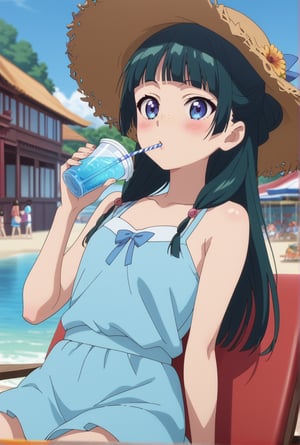 score_9, score_8_up, score_7_up, score_6_up, source_anime, 1girl, maomao, ((masterpiece, best quality)), (hyper detailed, detailed background), long hair, bangs, blue eyes, hair ornament, green hair, blunt bangs, freckles, hair bun, sundress, beach, straw hat, drinking, (strawberry:0.5), drinking straw, blush,anime screencap,score_anime