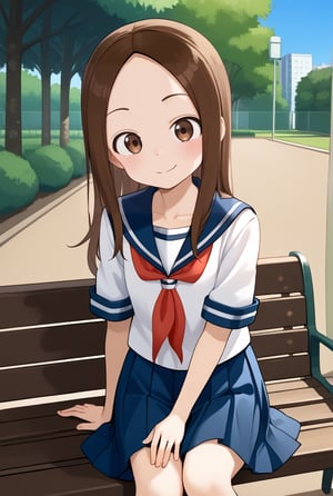 1girl, source_anime, aatakagi, solo, long hair, brown hair, parted bangs, collarbone, serafuku, sailor collar, red neckerchief, white shirt, short sleeves, pleated skirt, blue skirt, sitting, waving, smile, bench, outdoors, park,

