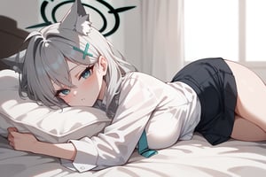 1girl, Lying on bed, White shirt, Blushing, Long silver hair, Cat ears, Halo, Hairclip, Looking at viewer, Bedroom background,shiroko terror \(blue archive\),score_9, score_8_up, score_7_up, score_6_up, score_5_up, score_4_up,