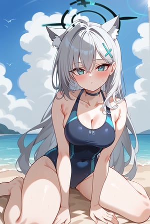 1girl, Swimsuit, One-piece swimsuit, Sitting on a dock, Beach background, Blue ocean, Sunny day, Long silver hair, Cat ears, Halo, Blush, Hairclip, Looking at viewer,shiroko terror \(blue archive\), face portrait