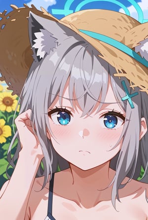 score_9, 1girl, solo, sun flower garden, shiroko-default, shiroko \(blue archive\), blue eyes, grey hair, hairclip, animal ears, halo, white one piece, straw hat, cowboy shot, bright background, flushing, shy, close up face, one hand behind head