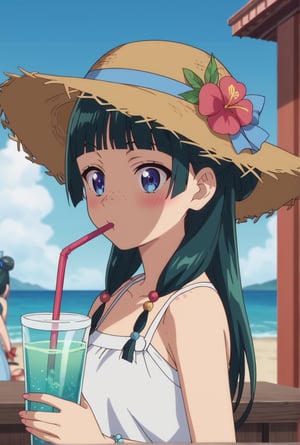 score_9, score_8_up, score_7_up, score_6_up, source_anime, 1girl, maomao, ((masterpiece, best quality)), (hyper detailed, detailed background), long hair, bangs, blue eyes, hair ornament, green hair, blunt bangs, freckles, hair bun, sundress, beach, straw hat, drinking, (strawberry:0.5), drinking straw, blush,anime screencap,score_anime