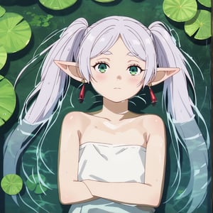 score_9, score_8_up, score_7_up, 1girl, FrierenSSnF, ((masterpiece, best quality)), (hyper detailed, detailed background), solo, closed mouth, grey hair, long hair, green eyes, (droopy eyes:1.2), half-opned eyes, twintails, parted bangs, earrings, pointy ears, FrierenCasual, forest_background, river, water, partially submerged, wet clothes, white dress, on water, immersed in water, evening light, lying down, looking at viewer, close up, bare shoulders, strapless dress, anime screencap, score_anime, blush,