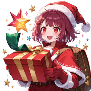 score_9, 1girl, sophieatelier, ((masterpiece, best quality)), (hyper detailed, detailed background), expressive eyes, perfect face, red santa outfit, holding red santa gift bag, simple background, white background, colorful light effects, glowing stars, festive atmosphere, magical sparkles, happy expression, short hair, blush, view from down, upper body