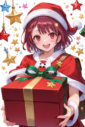 score_9, 1girl, sophieatelier, ((masterpiece, best quality)), (hyper detailed, detailed background), expressive eyes, perfect face, red santa outfit, holding red santa gift bag, simple background, white background, colorful light effects, glowing stars, festive atmosphere, magical sparkles, happy expression, short hair, blush, view from down, upper body