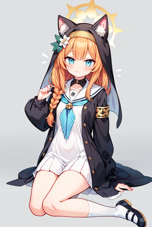 mariSerafuku, mari (blue archive), orange hair, sailor collar, blue eyes, blue neckerchief, animal ear headwear, long hair, nun, long sleeves, neckerchief, dress, flower,white sailor collar,bangs, braid, hat, single braid, hat flower, halo, mariTrack, flower, hair flower, mari (blue archive), animal ears, hair ornament, halo, jacket, long hair, shoes, socks, shirt, animal ear fluff, blue eyes,official alternate costume, white socks, orange hair, white flower, looking at viewer