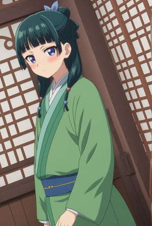 source_anime, ((masterpiece, best quality)), (hyper detailed, detailed background), 1girl, solo, maomao, long hair, bangs, blue eyes, hair ornament, green hair, blunt bangs, freckles, hair bun, single hair bun, japanese clothes, indoors, on side, looking at viewer, cowboy shot, dutch angle, blush