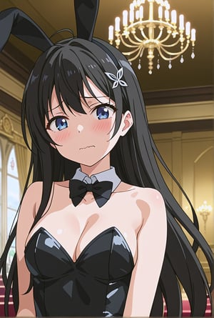 score_9, source_anime, anime screencap, 1girl, solo, shiyukino, long hair, black hair, blue eyes, hair ornament, rabbit ears, black leotard, playboy bunny, blush, looking at viewer, shy, wavy mouth, scenery, indoors, chandelier, (close up face:1.4),beautiful_female_fingers