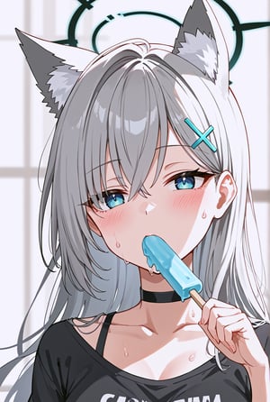 ((masterpiece, best quality)), (hyper detailed), 1girl, shiroko terror \(blue archive\), BLUE EYES, GREY HAIR, HAIRCLIP, LONG HAIR, ANIMAL EARS, HALO, flushed face, sweat, expressive eyes, tired expression, wearing black off-shoulder t-shirt, choker, blue popsicle, holding popsicle in mouth, relaxed expression, minimal background, upper body focus, close-up, detailed hair, detailed face, cool tones, casual outfit, slight blush, summer vibe, soft lighting,source_anime,BREAK, (look at viewer:1.4),beautiful_female_fingers, 