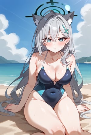 1girl, Swimsuit, One-piece swimsuit, Sitting on a dock, Beach background, Blue ocean, Sunny day, Long silver hair, Cat ears, Halo, Blush, Hairclip, Looking at viewer,shiroko terror \(blue archive\), face portrait