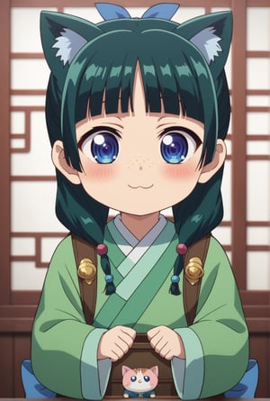 1girl, maomao, ((masterpiece, best quality)), (hyper detailed, detailed background), solo, green hair, long hair, blue eyes, BREAK :3, backpack, bag, blunt bangs, blush, cat ears, long sleeves, smile, chibi, freckles, light green hanfu, default clothes, chinese clothes, wide sleeves, default hairstyle, hair bun, hair ribbon, blue ribbon, sidelocks, hair beads, half updo, hair over shoulder, excited, low twintails, BREAK score_9, score_8_up, score_7_up, score_6_up, anime, BREAK (high quality, detailed, beautiful), shiny, detailed beautiful eyes, outstanding, countershading, detailed soft lighting