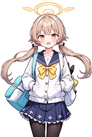 ((masterpiece,best quality)),(illustration),1girl, hifumi (blue archive), solo, halo, twintails, bag, blush, pantyhose, simple background, school uniform, backpack, open mouth, low twintails, black pantyhose, skirt, looking at viewer, long hair, light brown hair, sailor collar, brown hair, yellow eyes, long sleeves, collarbone, white background, holding strap, brown eyes, blue skirt
