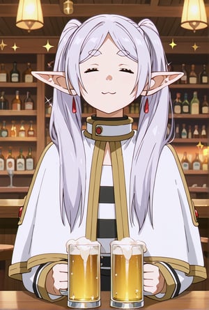 score_9, score_8_up, score_7_up, 1girl, FrierenSSnF, ((masterpiece, best quality)), (hyper detailed, detailed background), 1girl, frieren inside a Irish pub, holding a large glass of beer with overflowing foam,green eyes, grey hair, twintails, thick eyebrows, pointy ears, white capelet,=w=, :3, = =, eyes closed, sparkle, sparkle background, star (symbol), looking at viewer, pub background, score_anime, anime screencap, 
