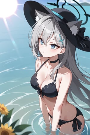 BLUE EYES, GREY HAIR, HAIRCLIP, LONG HAIR, ANIMAL EARS, HALO, BLACK CHOKER, 1girl, Black bikini, Sun hat, Flower on hat, Long silver hair, Cat ears, Halo, Hairclip, In water, Sunlight reflection, Hand on hat, Looking up, Water background, Sunny day,shiroko terror \(blue archive\)