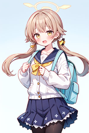 ((masterpiece,best quality)),(illustration),1girl, hifumi (blue archive), solo, halo, twintails, bag, blush, pantyhose, simple background, school uniform, backpack, open mouth, low twintails, black pantyhose, skirt, looking at viewer, long hair, light brown hair, sailor collar, brown hair, yellow eyes, long sleeves, collarbone, white background, holding strap, brown eyes, blue skirt
