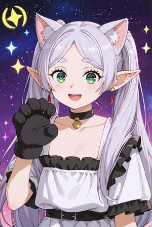 score_9, score_8_up, score_7_up, FrierenSSnF, ((masterpiece, best quality)), (hyper detailed), 1girl, solo, grey hair, long hair, green eyes, (droopy eyes:1.4), (big eyes:1.4), twintails, parted bangs, earrings, pointy ears, cat ears, cat gloves, black frilled dress, choker, cute expression, sparkle, sparkle background, sparkling eyes, star (symbol), looking at viewer, playful pose, blush, smiling, paw gesture, anime style, cat theme, detailed hair, detailed eyes, fantasy, light background, anime screencap, score_anime, (high quality, detailed, beautiful), shiny, detailed beautiful eyes, outstanding, countershading, detailed soft lighting, excited, (cowboy shot:1.4)
