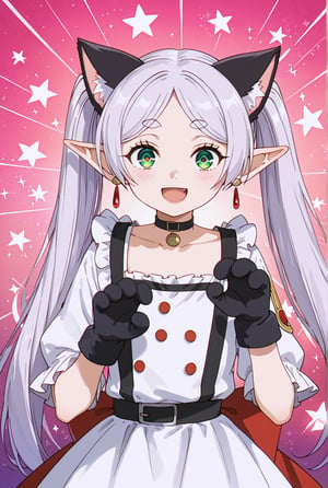 score_9, score_8_up, score_7_up, FrierenSSnF, ((masterpiece, best quality)), (hyper detailed), 1girl, solo, grey hair, long hair, green eyes, (droopy eyes:1.4), (big eyes:1.4), twintails, parted bangs, earrings, pointy ears, cat ears, cat gloves, black frilled dress, choker, cute expression, sparkle, sparkle background, sparkling eyes, star (symbol), looking at viewer, playful pose, blush, smiling, paw gesture, anime style, cat theme, detailed hair, detailed eyes, fantasy, light background, anime screencap, score_anime, (high quality, detailed, beautiful), shiny, detailed beautiful eyes, outstanding, countershading, detailed soft lighting, excited, (cowboy shot:1.4)
