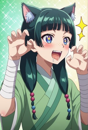 source_anime, 1girl, maomao, solo, green hair, long hair, blue eyes, BREAK + +, ^^^, blunt bangs, blush, cat ears, claw pose, drooling, excited, extra ears, mouth drool, open mouth, sparkle, sparkle background, sparkling eyes, star (symbol), symbol-shaped pupils, freckles, light green hanfu, default clothes, chinese clothes, default hairstyle, sidelocks, hair beads, hair over shoulder, bandaged arm, low twintails, anime, BREAK (high quality, detailed, beautiful), shiny, detailed beautiful eyes, outstanding, countershading, detailed soft lighting