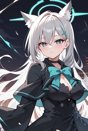 BLUE EYES, GREY HAIR, HAIRCLIP, LONG HAIR, ANIMAL EARS, HALO, BLACK CHOKER, BLACK CAPELET, BLACK DRESS, WIDE SLEEVES, BLACK GLOVES, 1girl, portrait, looking_at_viewer, striped_scarf, blue_eyes, mismatched_pupils, polka_dot_background, shiroko-terror,, shiroko terror \(blue archive\), score_9, score_8_up, score_7_up, score_6_up, score_5_up, score_4_up,