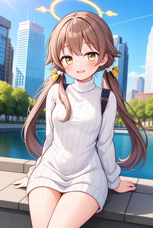 1girl, solo, (masterpiece, best quality), outdoors, city, blush, thighs, hifumi, yellow eyes, light brown hair, bangs, long hair, low twintails, tied, hair ribbon, halo, standing, small breasts, expressionless, ribbed swetaer, turtleneck, sweater dress, smile, sitting