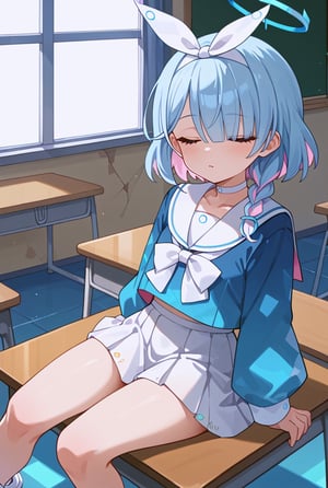 score_9, score_8_up, score_7_up, score_6_up, score_5_up, score_4_up, source_anime, 1firl, looking at viewer ,arona \(blue archive\),closed eyes, blue hair,braid,bow hairband,halo,choker,white sailor collar,white skirt,white sneakers, arona \(blue archive\), classroom, broken wall, sit desk, Water Flooding, blue Floor, close mouth
