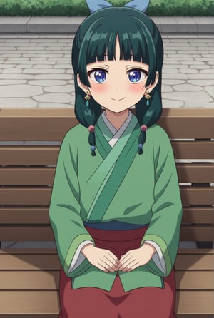 source_anime, masterpiece, best quality, highly detailed, 1girl, solo, maomao, dark green hair, green kimono, hair ribbon, long sleeves, medium hair, blue eyes, blunt bangs, hair ornament, (freckles:0.5), japanese clothes, kimono, long sleeves, twintails, earrings, smile, blush, looking at viewer, (red skirt:1.1), long skirt, sitting, outdoor, sitting in bench, day, flowers, ((close up face))