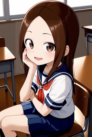 1girl, source_anime, aatakagi, solo, long hair, brown hair, parted bangs, collarbone, serafuku, sailor collar, red neckerchief, white shirt, short sleeves, pleated skirt, blue skirt, classroom, sitting, on chair, from side, looking at viewer, hand on own face, desk, smile, elbow on table,flushing, happy, open mouth

