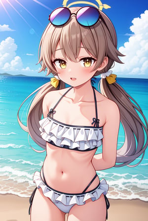 Hifumi(Swimsuit), sky, beach, swimsuit, looking at viewer, frilled bikini, day, bikini, cloud, outdoors, blue sky, twintails, long hair, light brown hair, eyewear on head, collarbone, solo, cowboy shot, frills, arms behind back, low twintails, ocean, sunglasses, white bikini, navel, yellow eyes, 1girl, halo