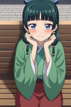 source_anime, masterpiece, best quality, highly detailed, 1girl, solo, maomao, dark green hair, green kimono, hair ribbon, long sleeves, medium hair, blue eyes, blunt bangs, hair ornament, (freckles:0.5), japanese clothes, kimono, long sleeves, twintails, earrings, smile, blush, looking at viewer, (red skirt:1.1), long skirt, sitting, outdoor, sitting in bench, day, flowers, ((close up face))