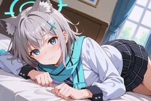 score_9, score_8_up, score_7_up, source_anime, shiroko sunaookami, animal ears, blue eyes, grey hair, hair ornament, hairpin, halo, medium hair, wolf ears,, checkered clothes, checkered skirt, school uniform, skirt, scarf,, indoors, bed, bed room, on side, blush, drunk, looking at viewer, solo, cowboy shot, dutch angle,beautiful_female_fingers