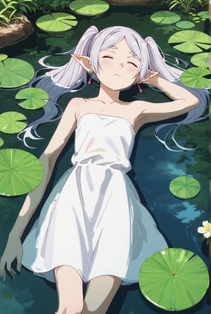 score_9, score_8_up, score_7_up, 1girl, FrierenSSnF, ((masterpiece, best quality)), (hyper detailed, detailed background), solo, closed mouth, grey hair, long hair, closed eyes, twintails, parted bangs, earrings, pointy ears, FrierenCasual, forest_background, river, water, partially submerged, wet clothes, white dress, on water, immersed in water, evening light, lying down, looking at viewer, close up, bare shoulders, strapless dress, anime screencap, score_anime, blush,