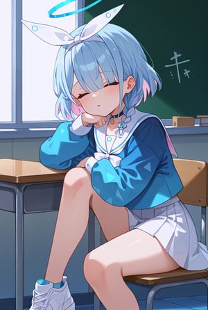 score_9, score_8_up, score_7_up, score_6_up, score_5_up, score_4_up, source_anime, 1firl, looking at viewer ,arona \(blue archive\),closed eyes, blue hair,braid,bow hairband,halo,choker,white sailor collar,white skirt,white sneakers, arona \(blue archive\), classroom, broken wall, sit desk, Water Flooding, blue Floor, close mouth
