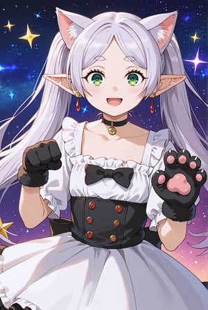 score_9, score_8_up, score_7_up, FrierenSSnF, ((masterpiece, best quality)), (hyper detailed), 1girl, solo, grey hair, long hair, green eyes, (droopy eyes:1.4), (big eyes:1.4), twintails, parted bangs, earrings, pointy ears, cat ears, cat gloves, black frilled dress, choker, cute expression, sparkle, sparkle background, sparkling eyes, star (symbol), looking at viewer, playful pose, blush, smiling, paw gesture, anime style, cat theme, detailed hair, detailed eyes, fantasy, light background, anime screencap, score_anime, (high quality, detailed, beautiful), shiny, detailed beautiful eyes, outstanding, countershading, detailed soft lighting, excited, (cowboy shot:1.4)
