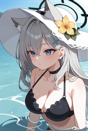 BLUE EYES, GREY HAIR, HAIRCLIP, LONG HAIR, ANIMAL EARS, HALO, BLACK CHOKER, 1girl, Black bikini, Sun hat, Flower on hat, Long silver hair, Cat ears, Halo, Hairclip, In water, Sunlight reflection, Hand on hat, Looking up, Water background, Sunny day,shiroko terror \(blue archive\)