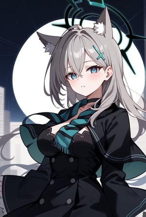 BLUE EYES, GREY HAIR, HAIRCLIP, LONG HAIR, ANIMAL EARS, HALO, BLACK CHOKER, BLACK CAPELET, BLACK DRESS, WIDE SLEEVES, BLACK GLOVES, 1girl, portrait, looking_at_viewer, striped_scarf, blue_eyes, mismatched_pupils, polka_dot_background, shiroko-terror,, shiroko terror \(blue archive\), score_9, score_8_up, score_7_up, score_6_up, score_5_up, score_4_up,