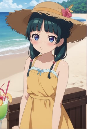 score_9, score_8_up, score_7_up, score_6_up, source_anime, 1girl, maomao, ((masterpiece, best quality)), (hyper detailed, detailed background), long hair, bangs, blue eyes, hair ornament, green hair, blunt bangs, freckles, hair bun, sundress, beach, straw hat, drinking, (strawberry:0.5), drinking straw, blush,anime screencap,score_anime