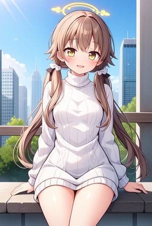 1girl, solo, (masterpiece, best quality), outdoors, city, blush, thighs, hifumi, yellow eyes, light brown hair, bangs, long hair, low twintails, tied, hair ribbon, halo, standing, small breasts, expressionless, ribbed swetaer, turtleneck, sweater dress, smile, sitting