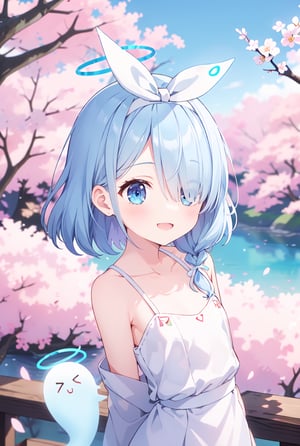 sfw, 1girl, Arona, (blue halo:1.2), blue eyes, blue hair, short hair, single braid, hair over one eye, flat chest, (white hairband:1.2), white hair bow, ghost white tunic, w arms, hillside covered in cherry blossom trees in bloom, midday lighting, idyllic and picturesque scenery, smile