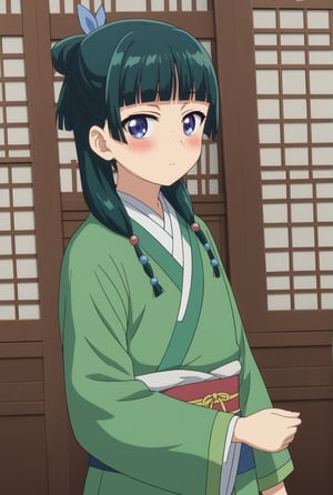 source_anime, ((masterpiece, best quality)), (hyper detailed, detailed background), 1girl, solo, maomao, long hair, bangs, blue eyes, hair ornament, green hair, blunt bangs, freckles, hair bun, single hair bun, japanese clothes, indoors, on side, looking at viewer, cowboy shot, dutch angle, blush