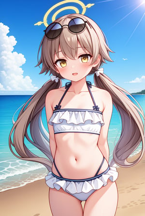 Hifumi(Swimsuit), sky, beach, swimsuit, looking at viewer, frilled bikini, day, bikini, cloud, outdoors, blue sky, twintails, long hair, light brown hair, eyewear on head, collarbone, solo, cowboy shot, frills, arms behind back, low twintails, ocean, sunglasses, white bikini, navel, yellow eyes, 1girl, halo