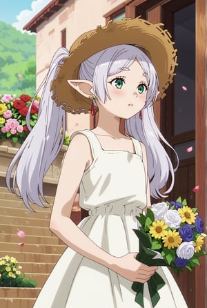 score_9, score_8_up, score_7_up, 1girl, FrierenSSnF, ((masterpiece, best quality)), (hyper detailed, detailed background), 1girl, solo, grey hair, long hair, green eyes, twintails, parted bangs, earrings, pointy ears, sundress, sun flower garden, straw hat, blush,anime screencap,score_anime, (falling petals:1.2), (holding bouquet:1.4), (cowboy_shot:1.4)